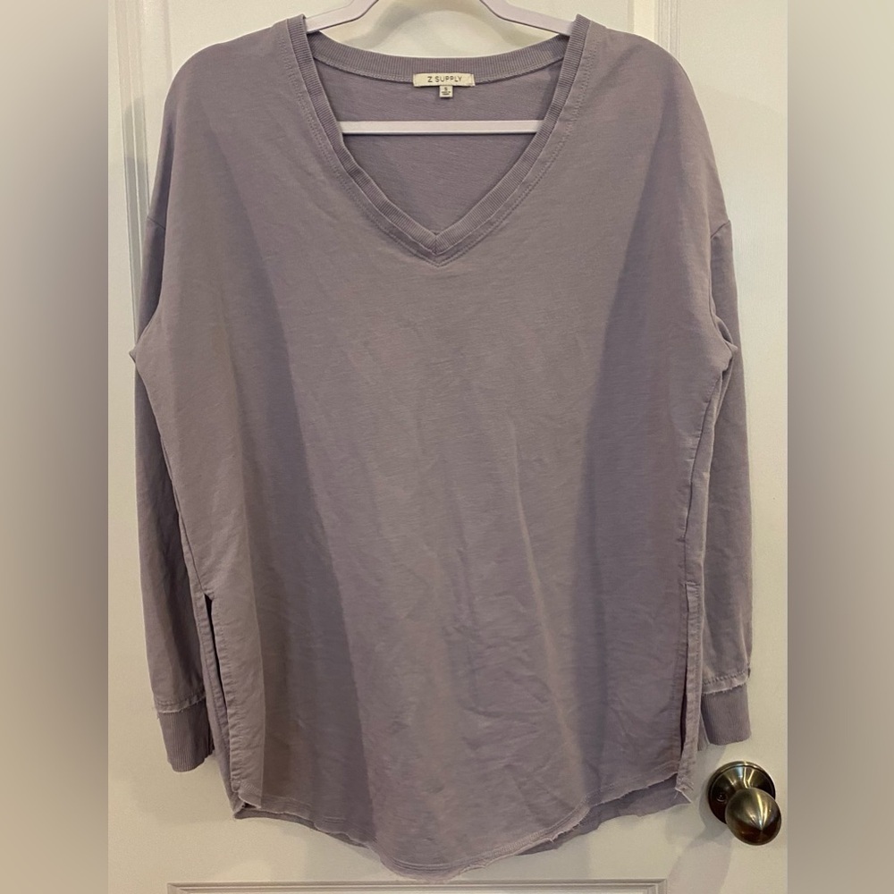 Z Supply Sweatshirt Sz S Lavender Gray Oversized V-neck Weekender Slit Hem
